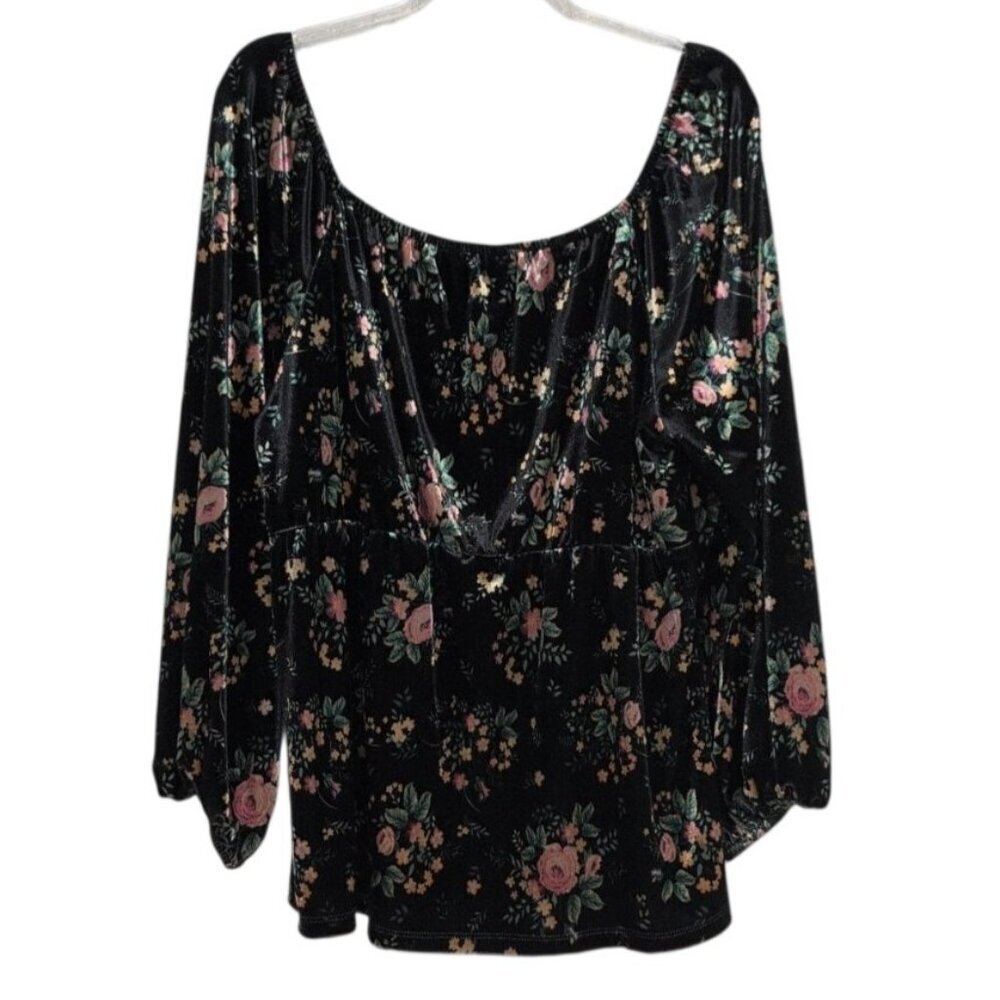 Cato Velvet Floral Babydoll Shirt Womens Size Large Black Stretch Peasant Blouse - Picture 7 of 8